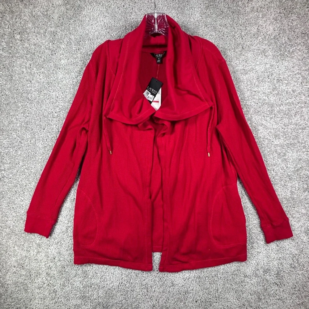 Lauren Ralph  Womens Open Cardigan Red Waffle Knit Shawl Collar Size M‎ NEW